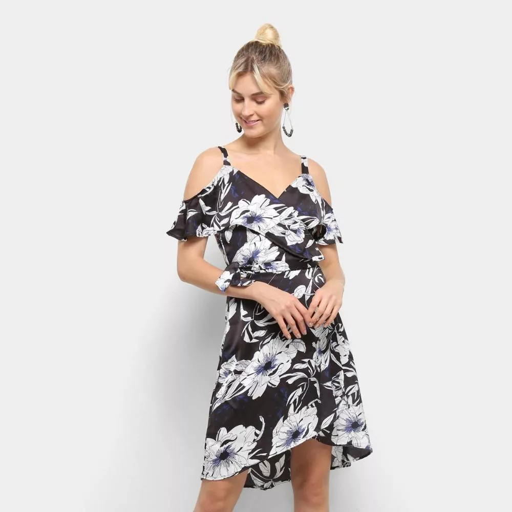 Vestido Heli Evasê Curto Floral Babados Transpassado