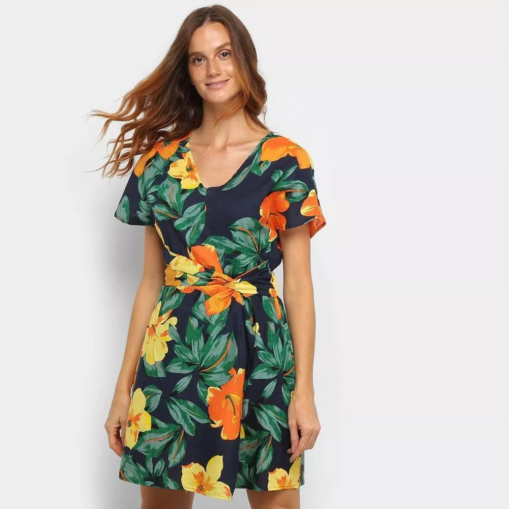Vestido Top Moda Evasê Curto Floral Transpassado