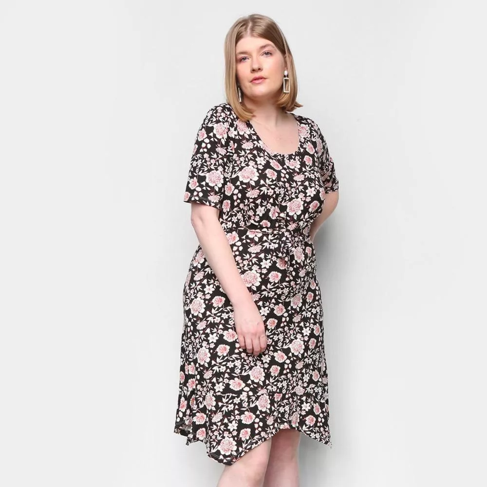 Vestido Naif Plus Size Curto Floral Amarração