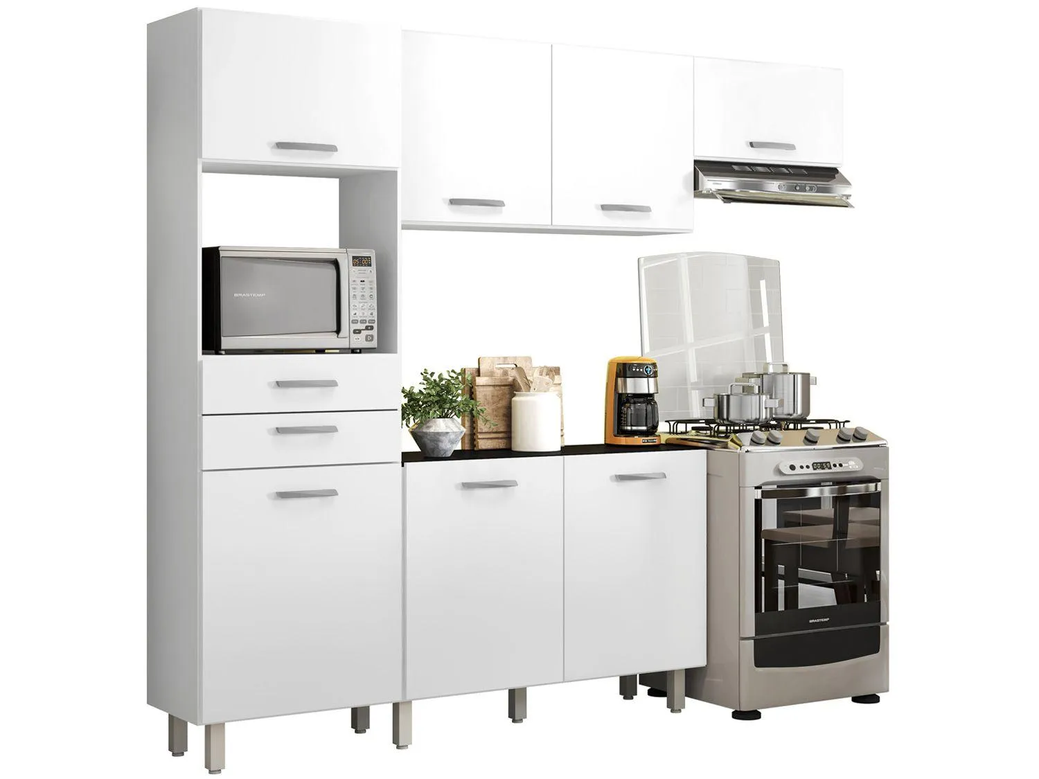 Kit Cozinha Poliman Móveis Lia D15200 com Balcão Nicho para Micro-ondas com Tampo 2 Gavetas
