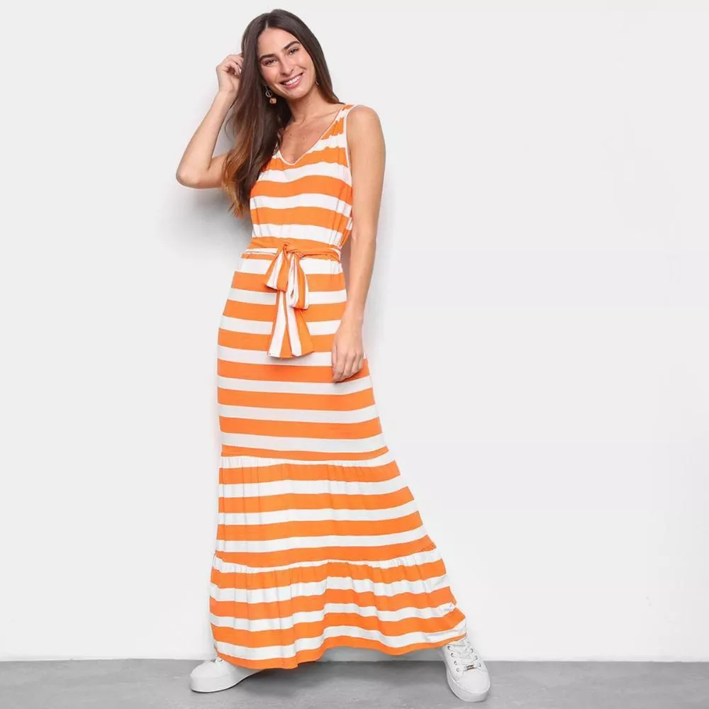 Vestido Volare Longo Listrado Com Amarração Na Cintura