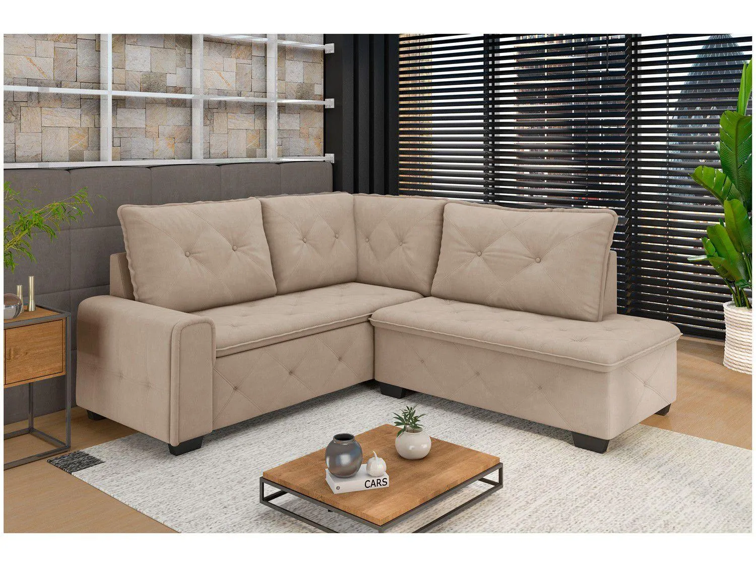 Sofá de Canto 5 Lugares com Chaise Veludo Camboriu BestHouse