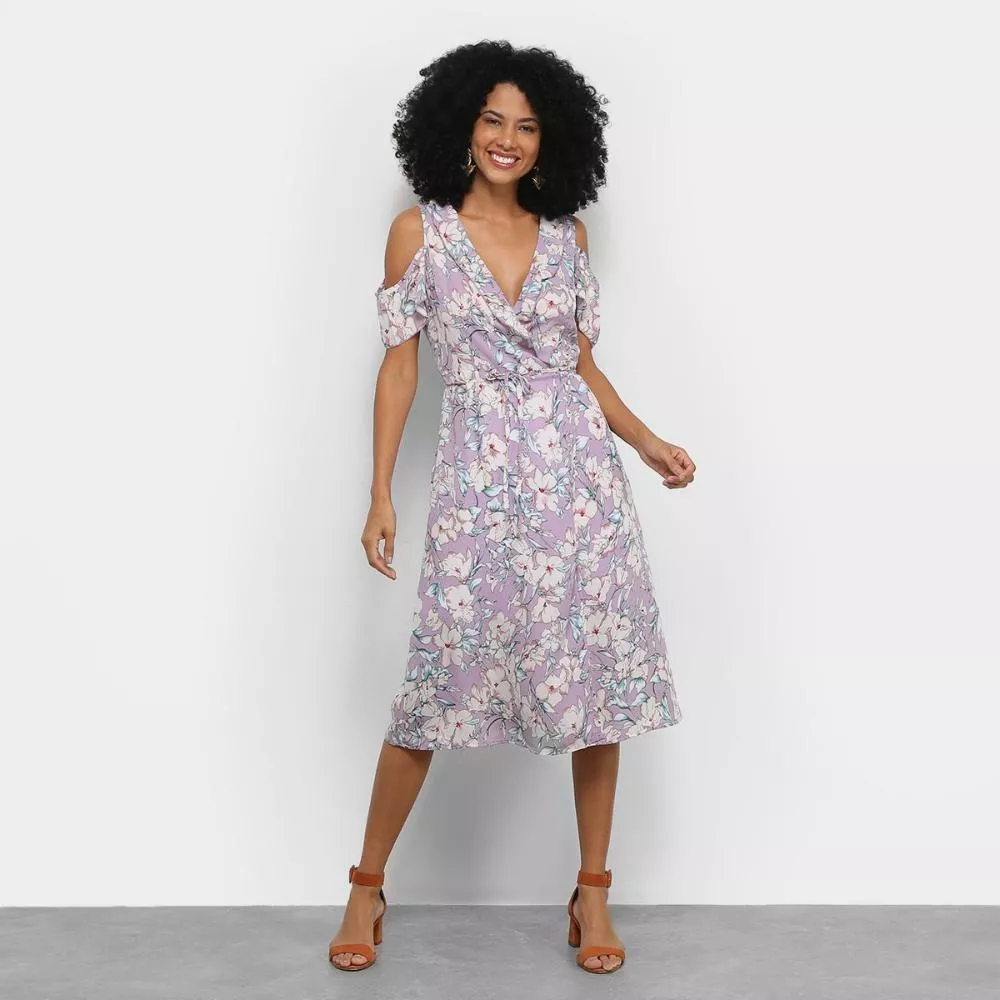 Vestido Road Mel Midi Open Shoulder Floral Babados
