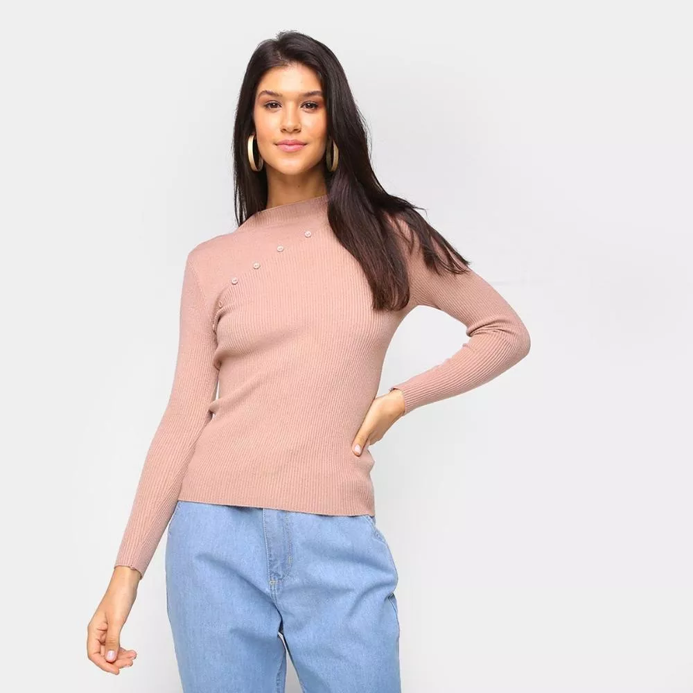 Tricô Top Modas Gola Alta Detalhe Botões Feminino