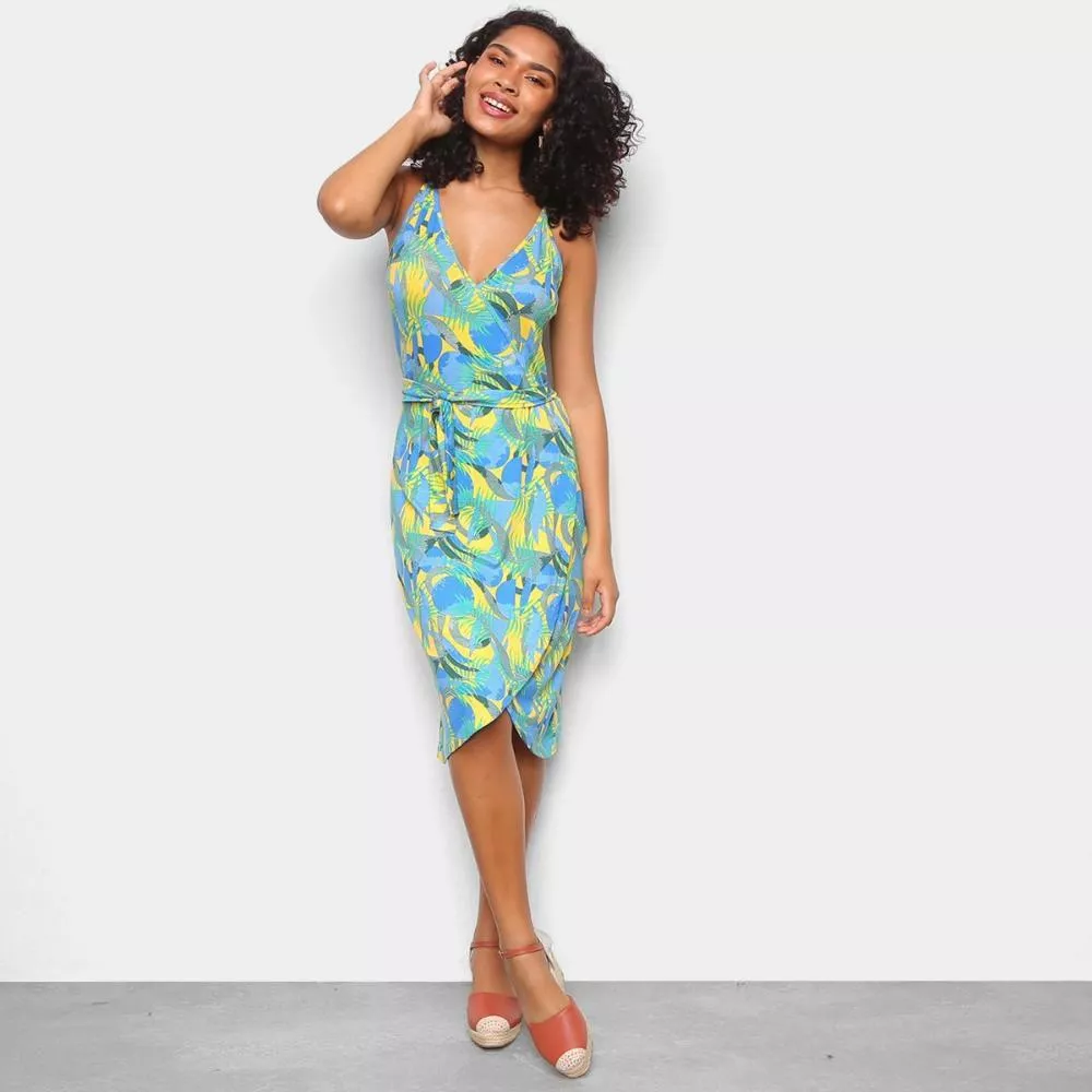 Vestido Volare Tubinho Midi Transpassado Tropical