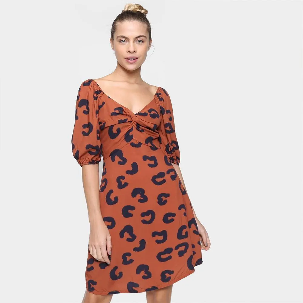 Vestido Mercatto Manga Bufante Onça Amarração